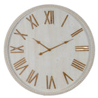 Front view of the round off-white wall clock with tan Roman numerals, slim hands and a raised bead border.