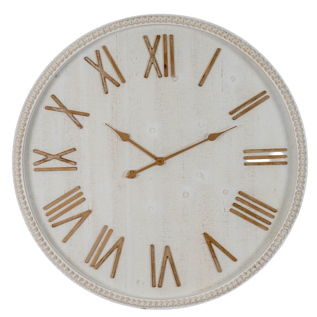 Front view of the round off-white wall clock with tan Roman numerals, slim hands and a raised bead border.