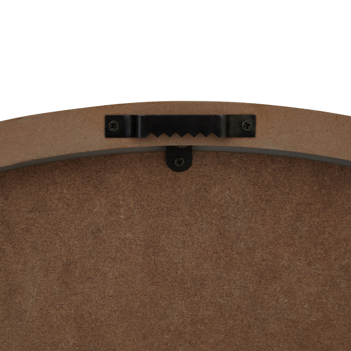 Rear detail of the clock showing a black sawtooth hanging bracket screwed to the brown backing near the top edge.
