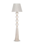 Full view of a cream floor lamp with a tapered corded shade, four rope-wrapped spheres separated by gold-coloured bands, and a long tassel above a circular white foot.