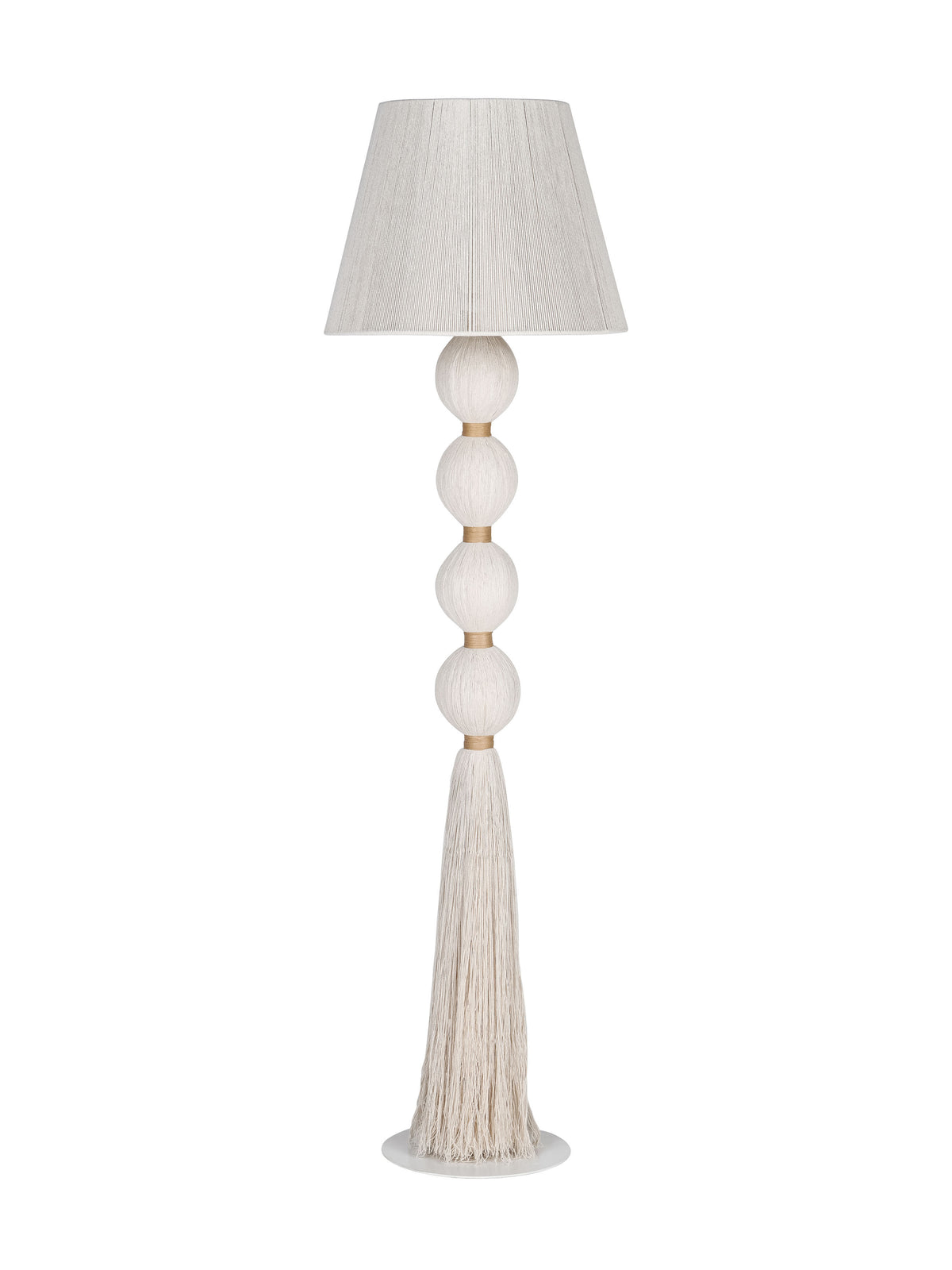 Full view of a cream floor lamp with a tapered corded shade, four rope-wrapped spheres separated by gold-coloured bands, and a long tassel above a circular white foot.