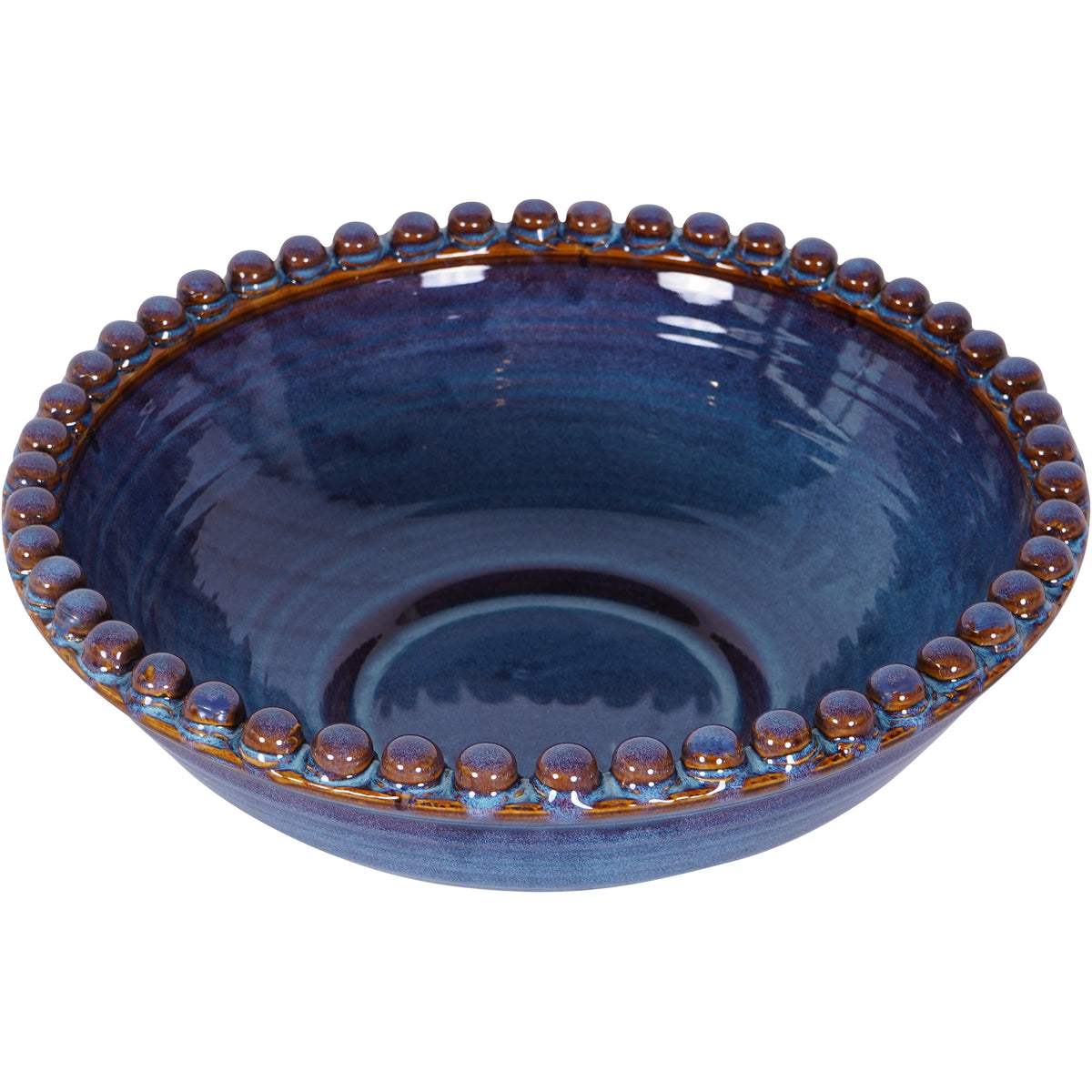 View from above into the glossy blue bowl, with rounded brown and blue beads encircling the interior.
