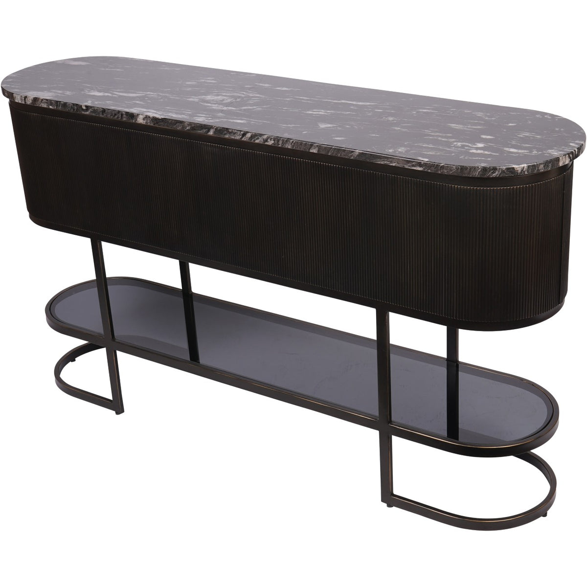 Elevated angled view showing the pale veining across Beam's dark marble top and the offset glass shelf below.