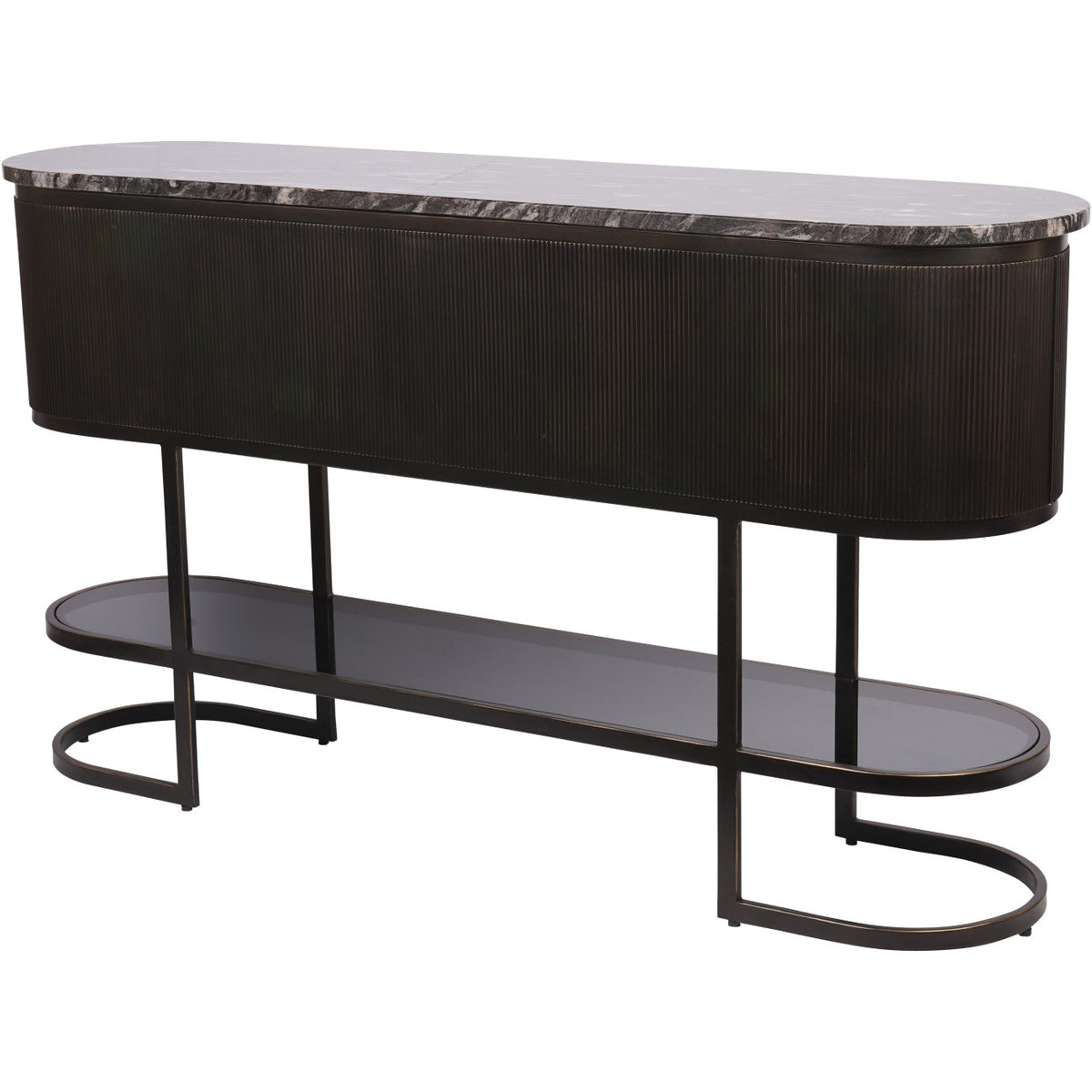 Angled view of the Beam Console Table with rounded marble top, dark fluted band, glass shelf and open loop-shaped feet.