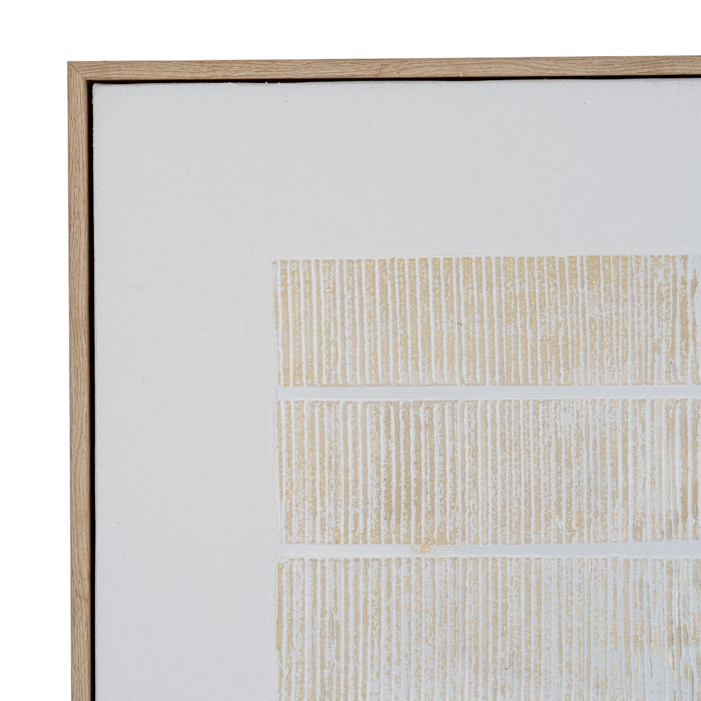 Front corner detail showing the light-brown wood-grain frame, narrow dark gap and fine irregular beige lines arranged in horizontal bands.