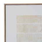 Front corner detail showing the light-brown wood-grain frame, narrow dark gap and fine irregular beige lines arranged in horizontal bands.