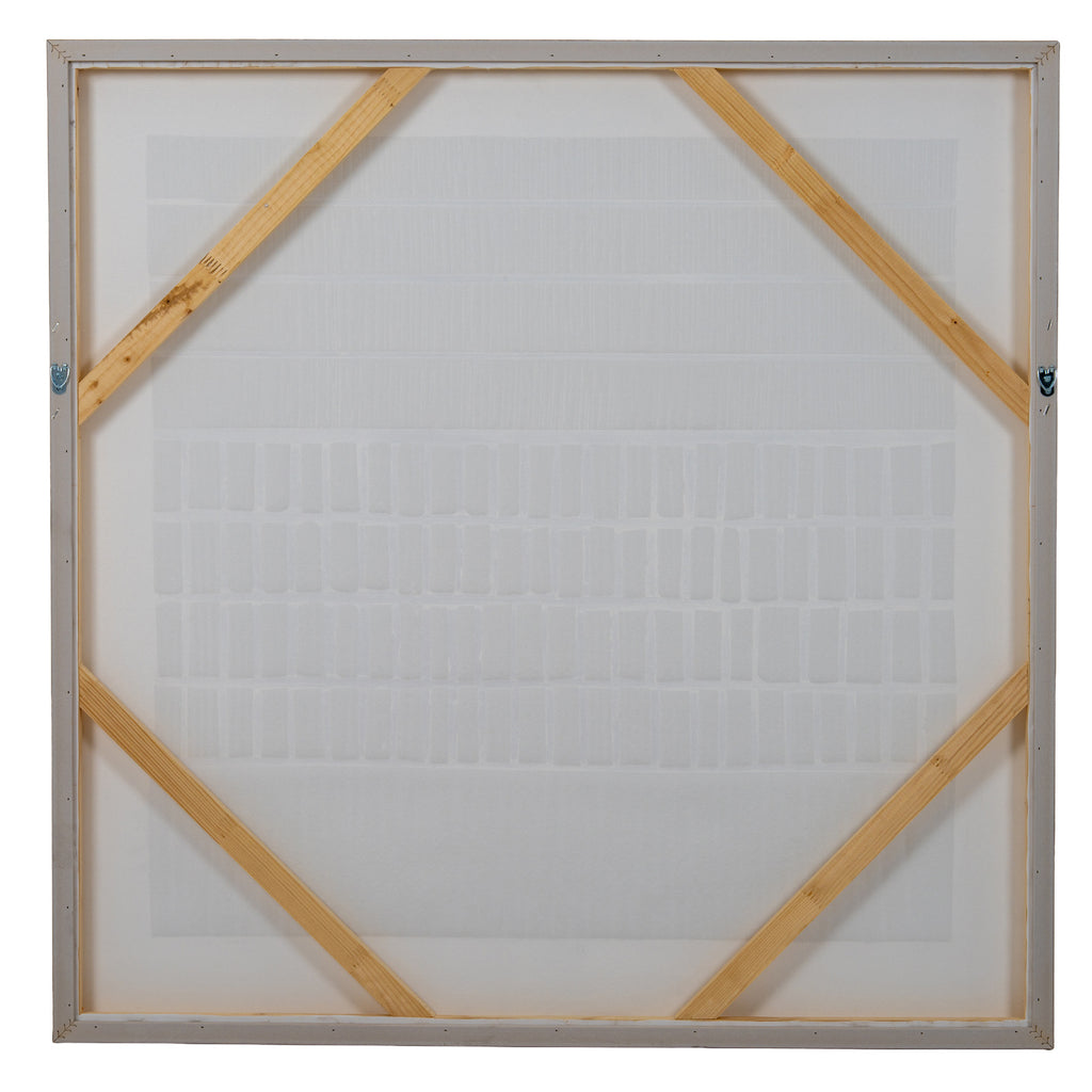 Full rear view of the square artwork with four diagonal braces, pale backing and two silver-coloured loops at the sides.