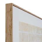 Angled close-up of the artwork's upper corner, showing the grain pattern along the frame's side and the pale border around the beige linework.