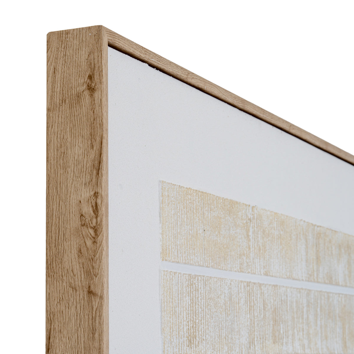 Angled close-up of the artwork's upper corner, showing the grain pattern along the frame's side and the pale border around the beige linework.