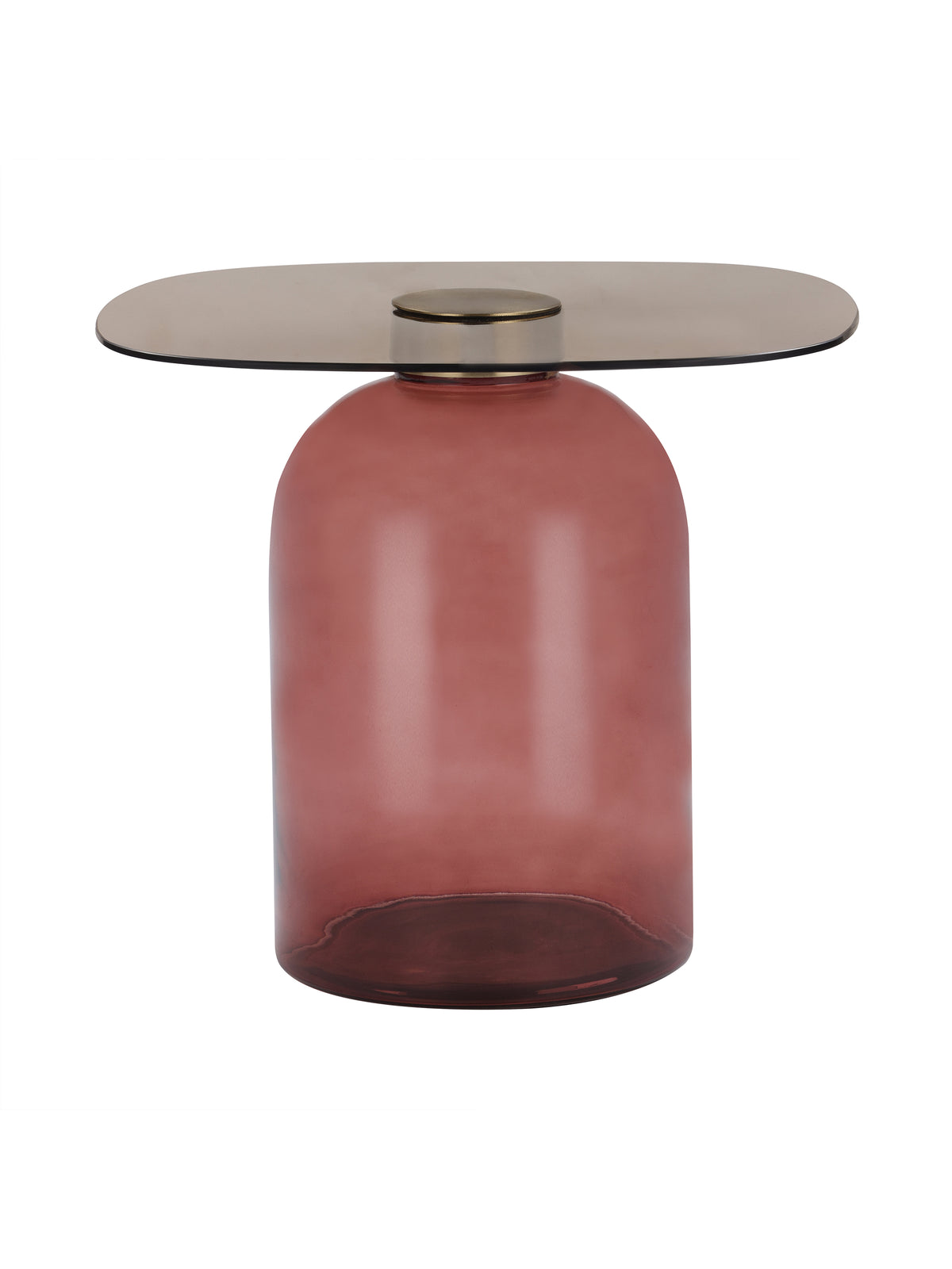 Bell Base Side Table shown against a white background, with a broad circular smoked-glass top, rounded-shoulder glass base and brass-toned iron centre detail.