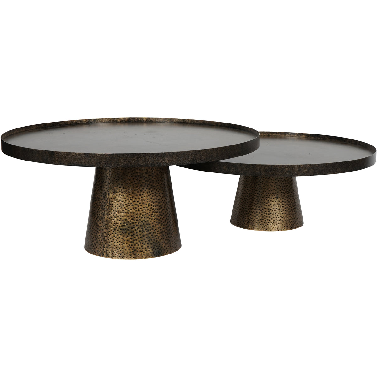 Two bronze and gold coffee tables with raised circular rims and textured conical bases, the smaller tucked beneath the larger.