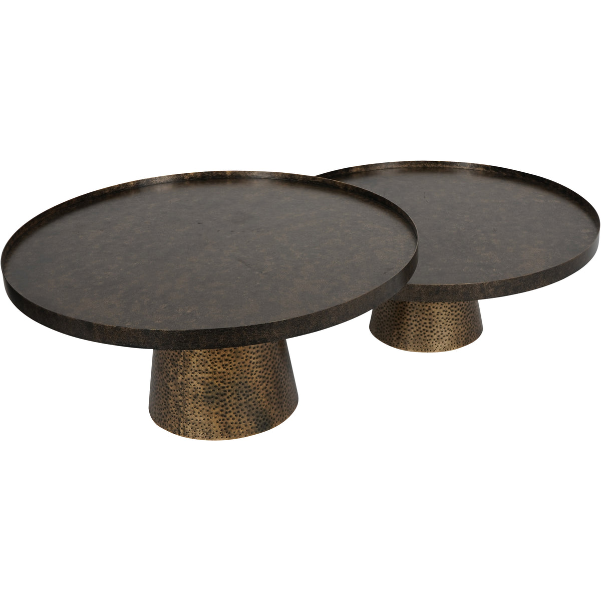 Elevated view of the two coffee tables showing their broad circular tops, dark mottled finish and overlapping arrangement.