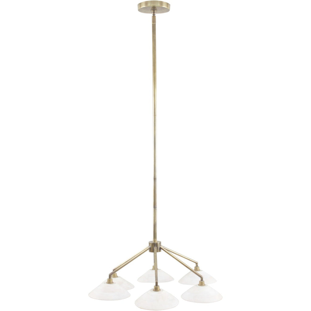 Six-light chandelier with a long brass-finished stem, branching arms and whitewashed wooden bell shades against a white background.