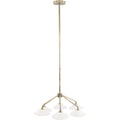 Six-light chandelier with a long brass-finished stem, branching arms and whitewashed wooden bell shades against a white background.