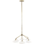 Six-light chandelier with a long brass-finished stem, branching arms and whitewashed wooden bell shades against a white background.