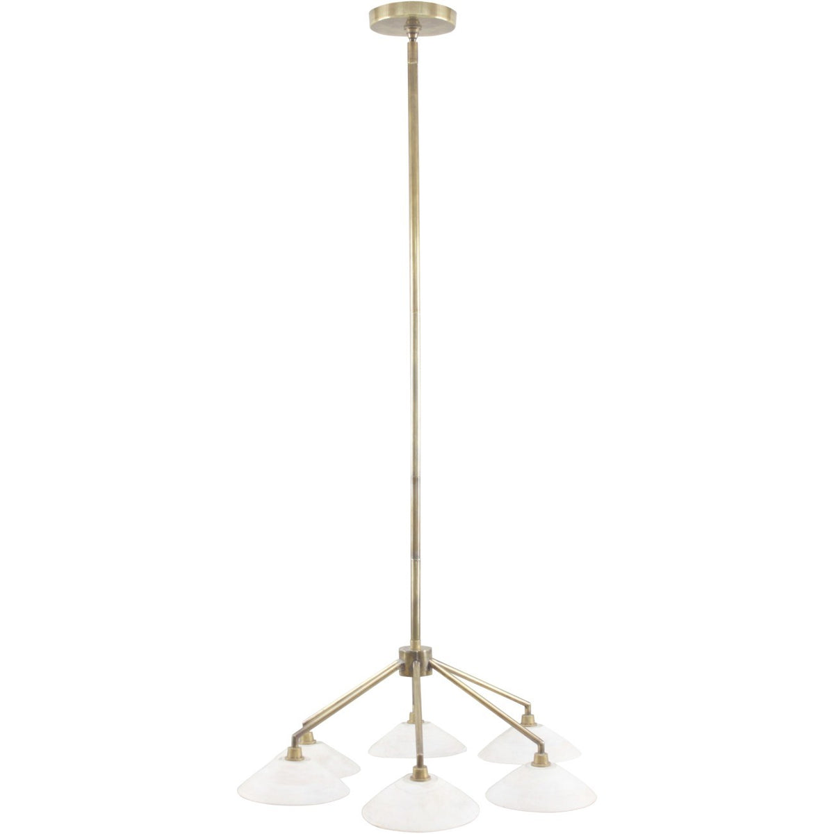 Six-light chandelier with a long brass-finished stem, branching arms and whitewashed wooden bell shades against a white background.
