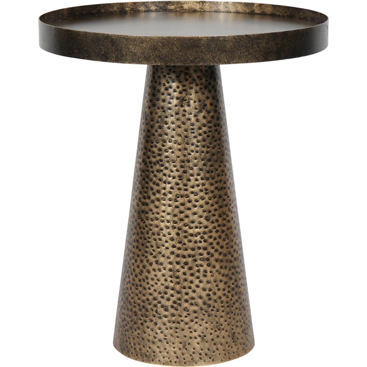 Bell Side Table viewed from the front, showing a raised round tray top and tapered hammered pedestal in gold and bronze tones.
