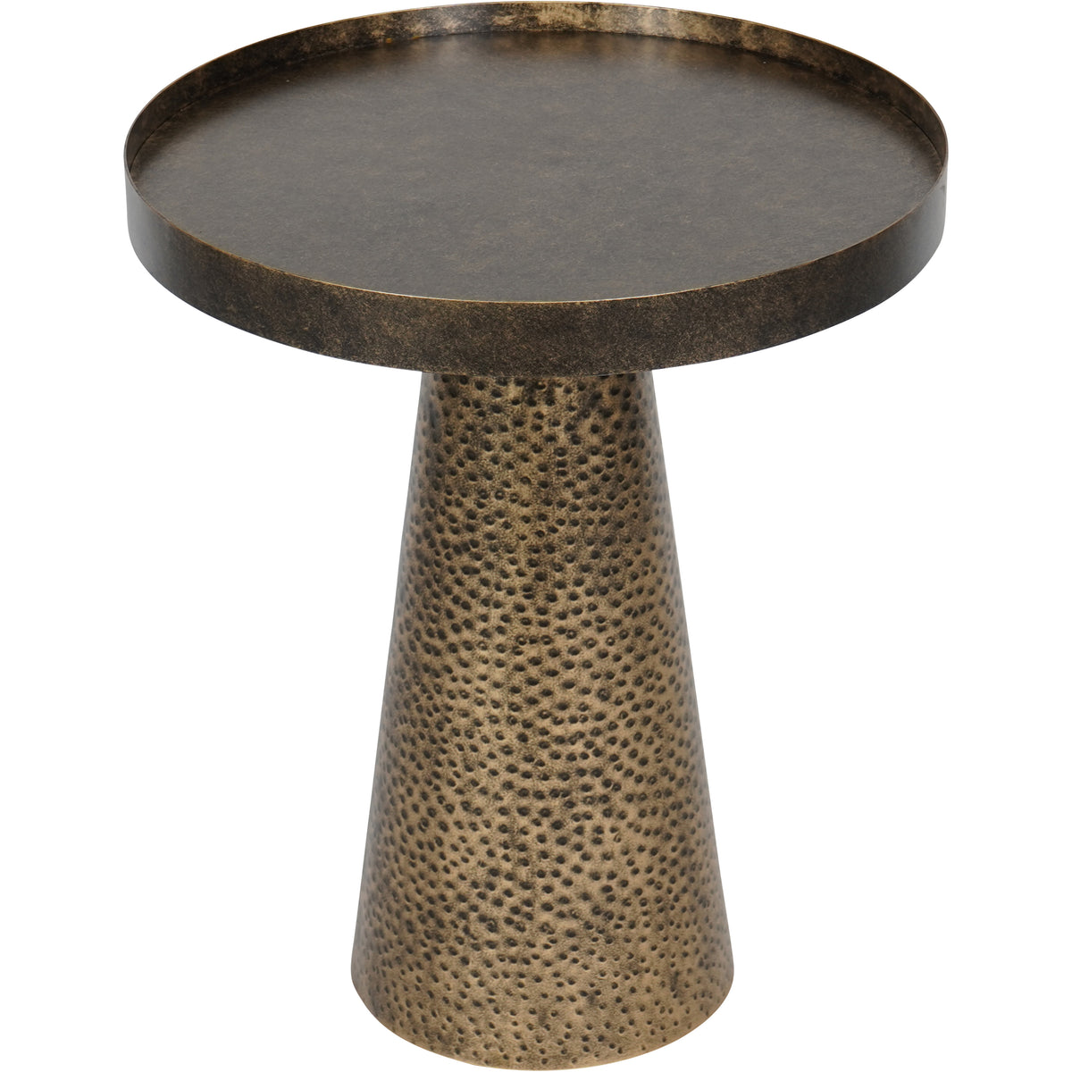 Bell Side Table viewed from above at an angle, revealing the dark bronze tabletop, shallow rim and textured pedestal.