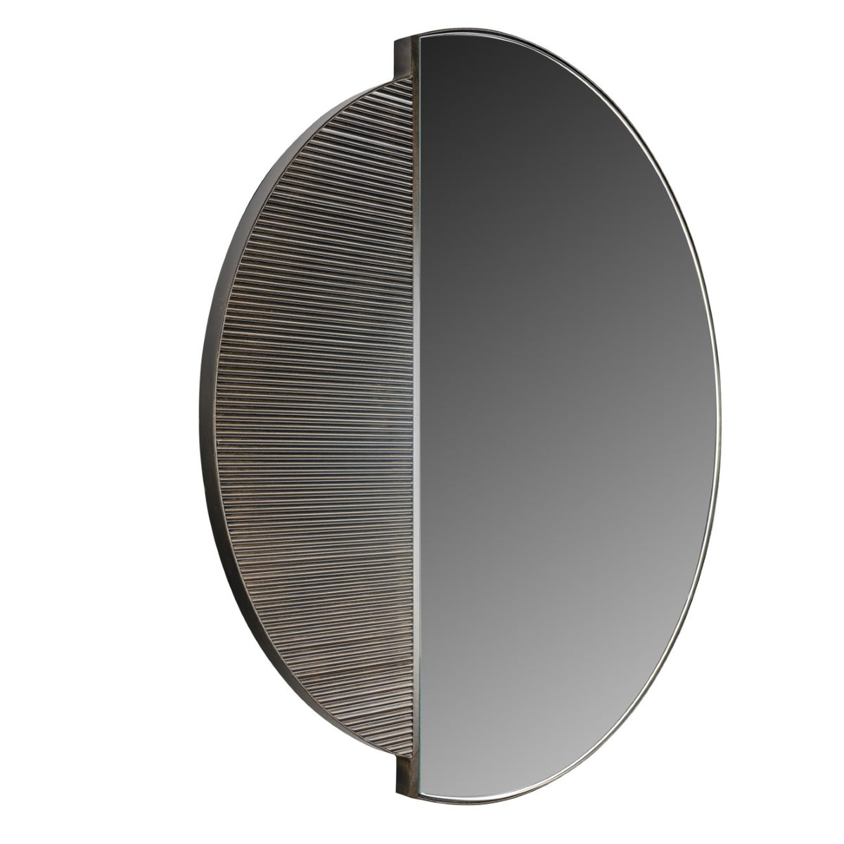 Angled view of the mirror showing its slim edge and the depth between the glass and grooved crescent panel.
