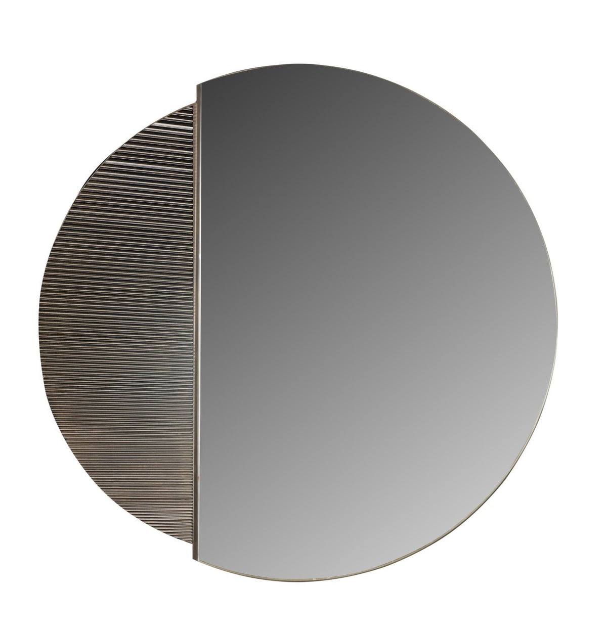 Front view of the circular Belvedere wall mirror with overlapping glass and a grooved dark crescent panel on the left.
