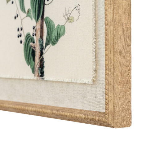 Angled close-up of the print's lower right corner, showing green leaves, a fringed image edge, the pale woven-looking surround and the grain-like beaded frame.