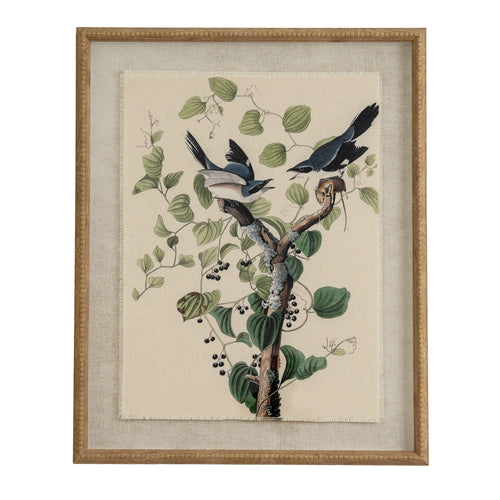 Front view of the Berrybranch Bird Pair Framed Print, showing two blue-grey birds among green leaves and dark berries within a pale surround and tan-gold beaded frame.