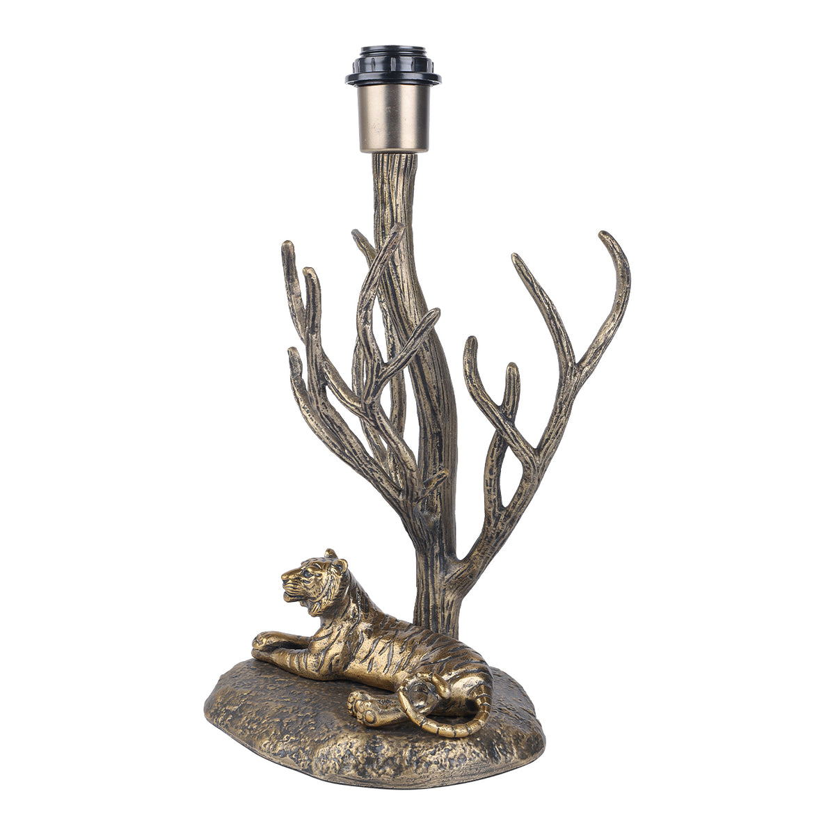 Angled view of the lamp base showing the tiger in profile, its curled tail and the branching tree-shaped stem.