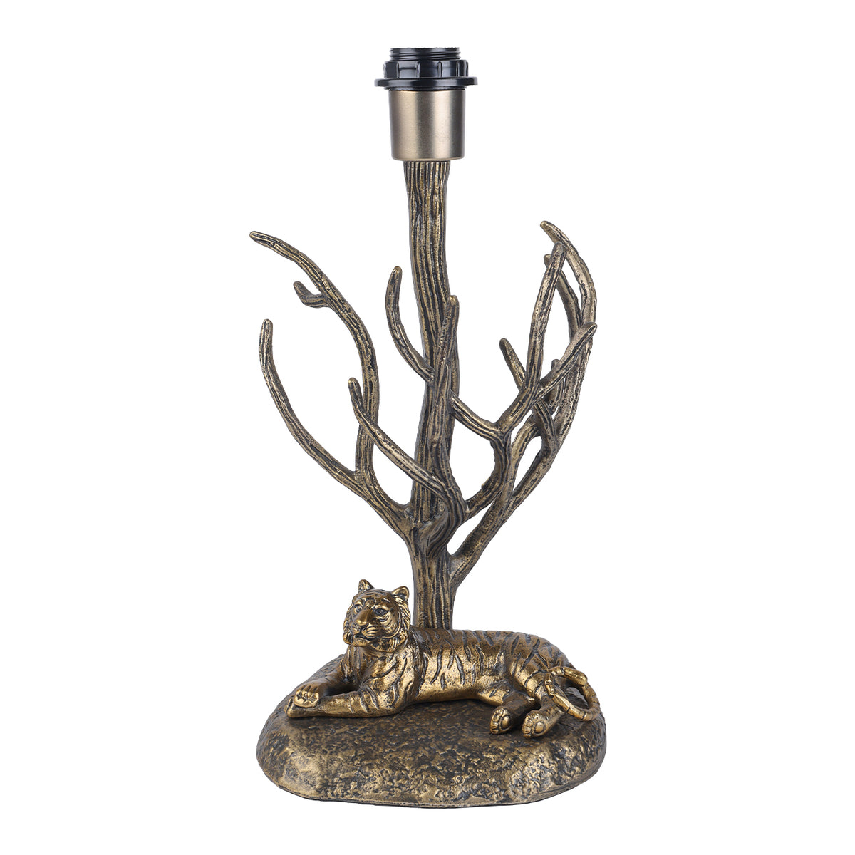 Front view of the antiqued brass-effect lamp base, with a reclining tiger beneath bare branches and an exposed lamp holder.