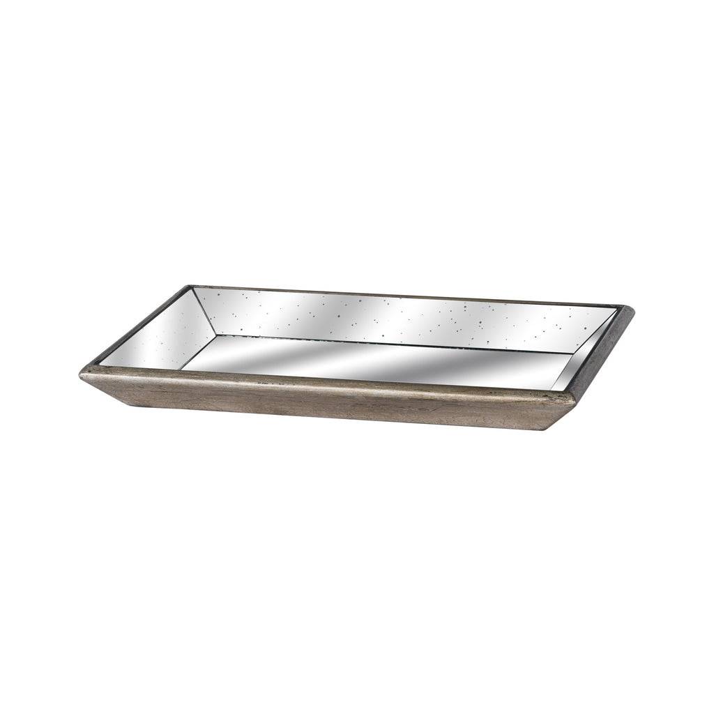 Bevel Reflect rectangular tray viewed at an angle, showing its mirrored base, sloping speckled sides and muted metallic-looking rim.