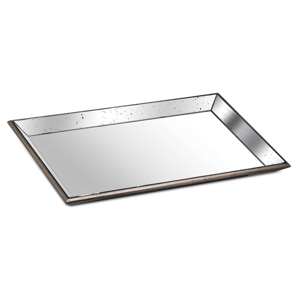 Rectangular reflective tray viewed at an angle, showing slanted speckled mirror sides and a narrow distressed brown-bronze frame.