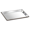 Rectangular reflective tray viewed at an angle, showing slanted speckled mirror sides and a narrow distressed brown-bronze frame.