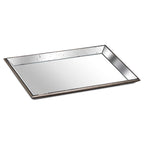 Rectangular reflective tray viewed at an angle, showing slanted speckled mirror sides and a narrow distressed brown-bronze frame.