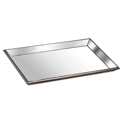 Rectangular reflective tray viewed at an angle, showing slanted speckled mirror sides and a narrow distressed brown-bronze frame.