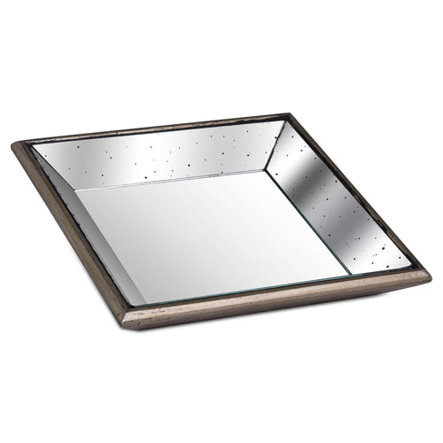 Square tray viewed at an angle, showing a flat mirrored base, sloping speckled mirror sides and a weathered brown-gold frame.