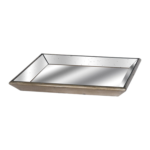 Square mirrored tray viewed at an angle on a white background, with a reflective base, speckled sloping inner panels and an aged gold-toned frame.