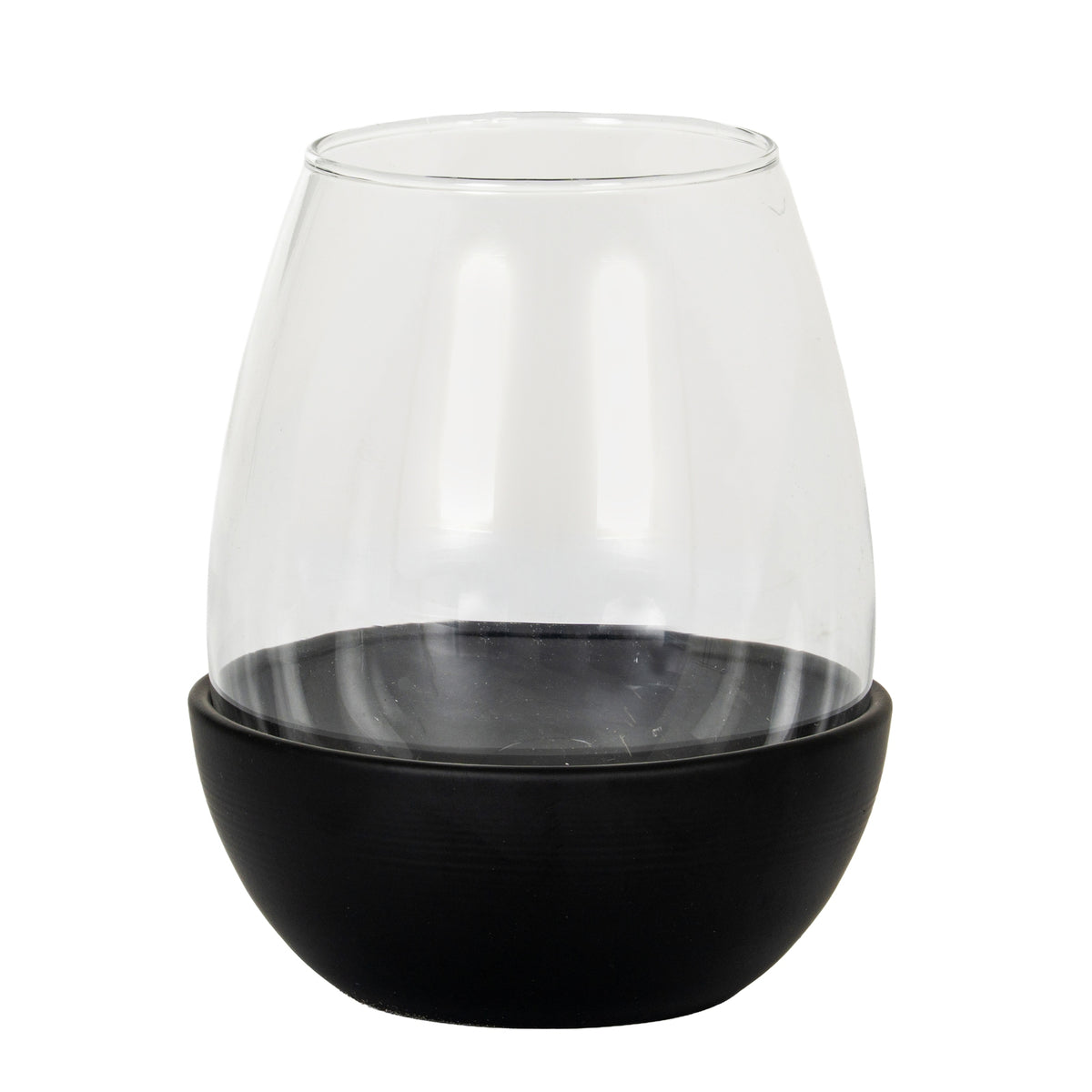 Black bowl candle holder with a clear rounded upper enclosure and open circular rim, shown against a white background.