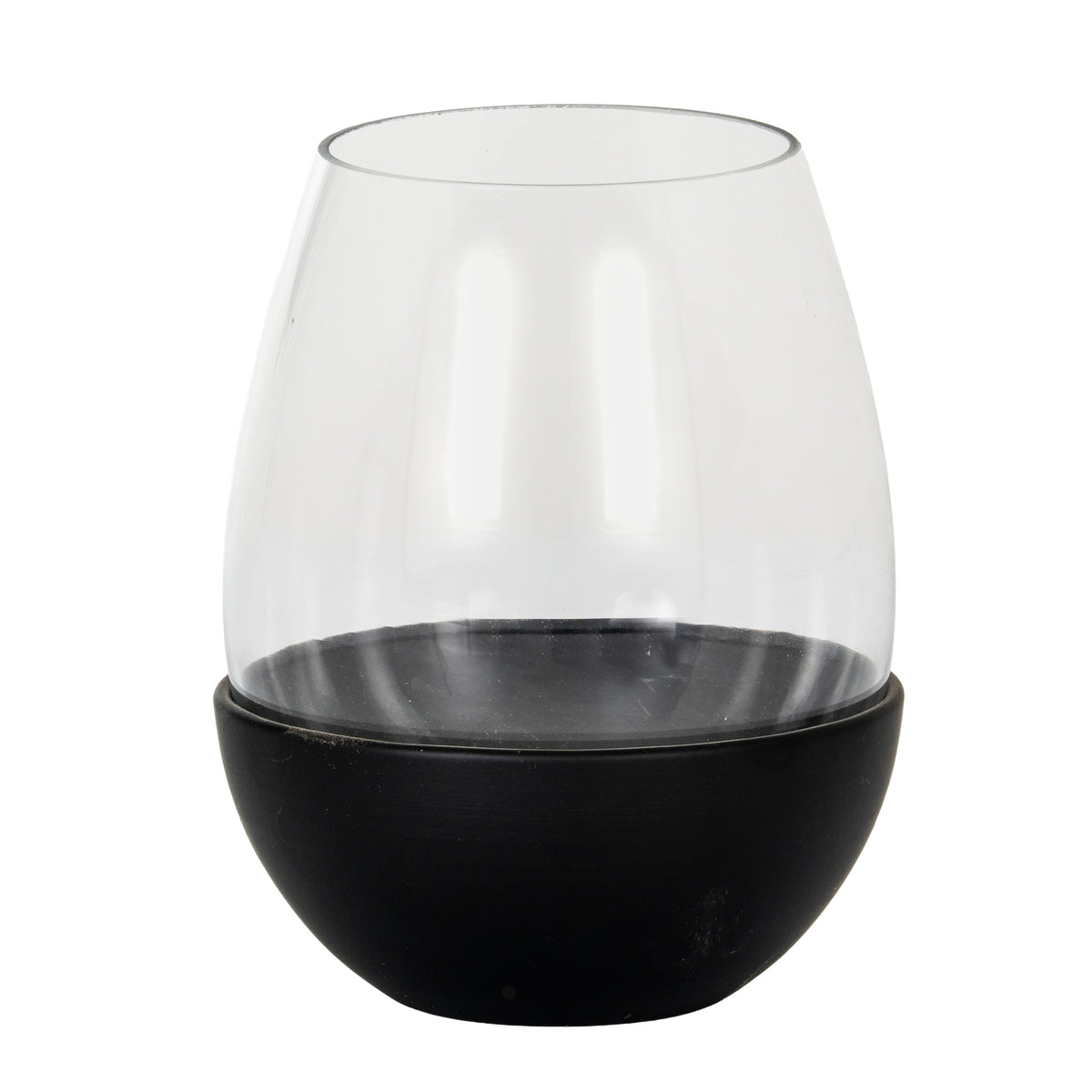 Black bowl candle holder with a rounded clear enclosure and open rim, shown empty against a white background.