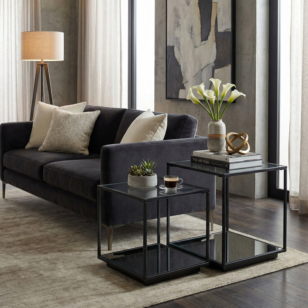 Two black framed side tables beside a charcoal sofa, styled with books, a flower vase, a gold ornament, a small plant and a cup on a pale rug.
