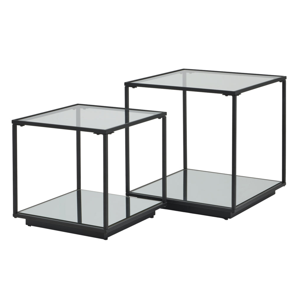 Two black framed side tables on a white background, with the shorter table in front and square reflective surfaces above and below.