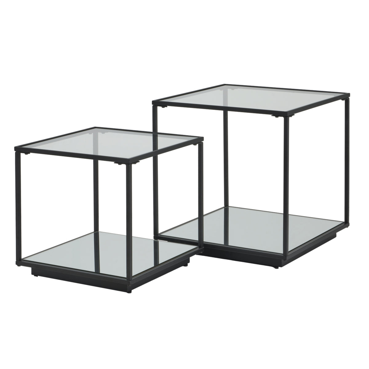 Two black framed side tables on a white background, with the shorter table in front and square reflective surfaces above and below.