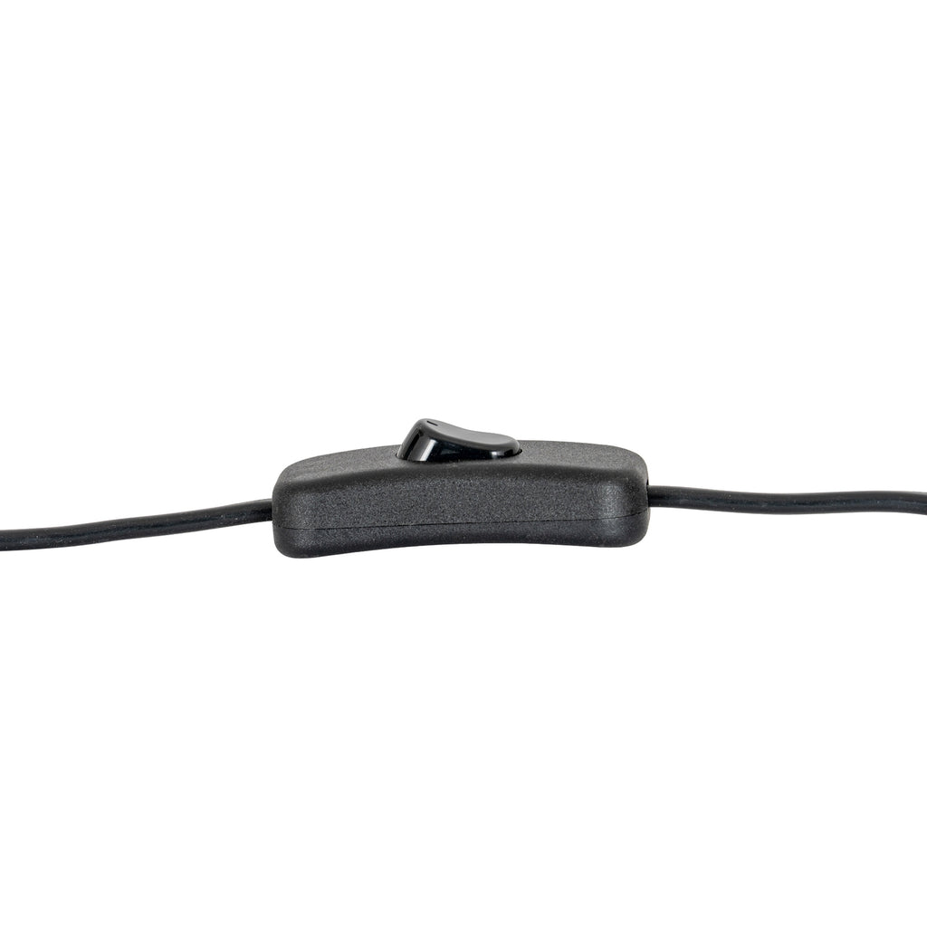 Close-up of a black inline rocker switch on the lamp cable against a white background.