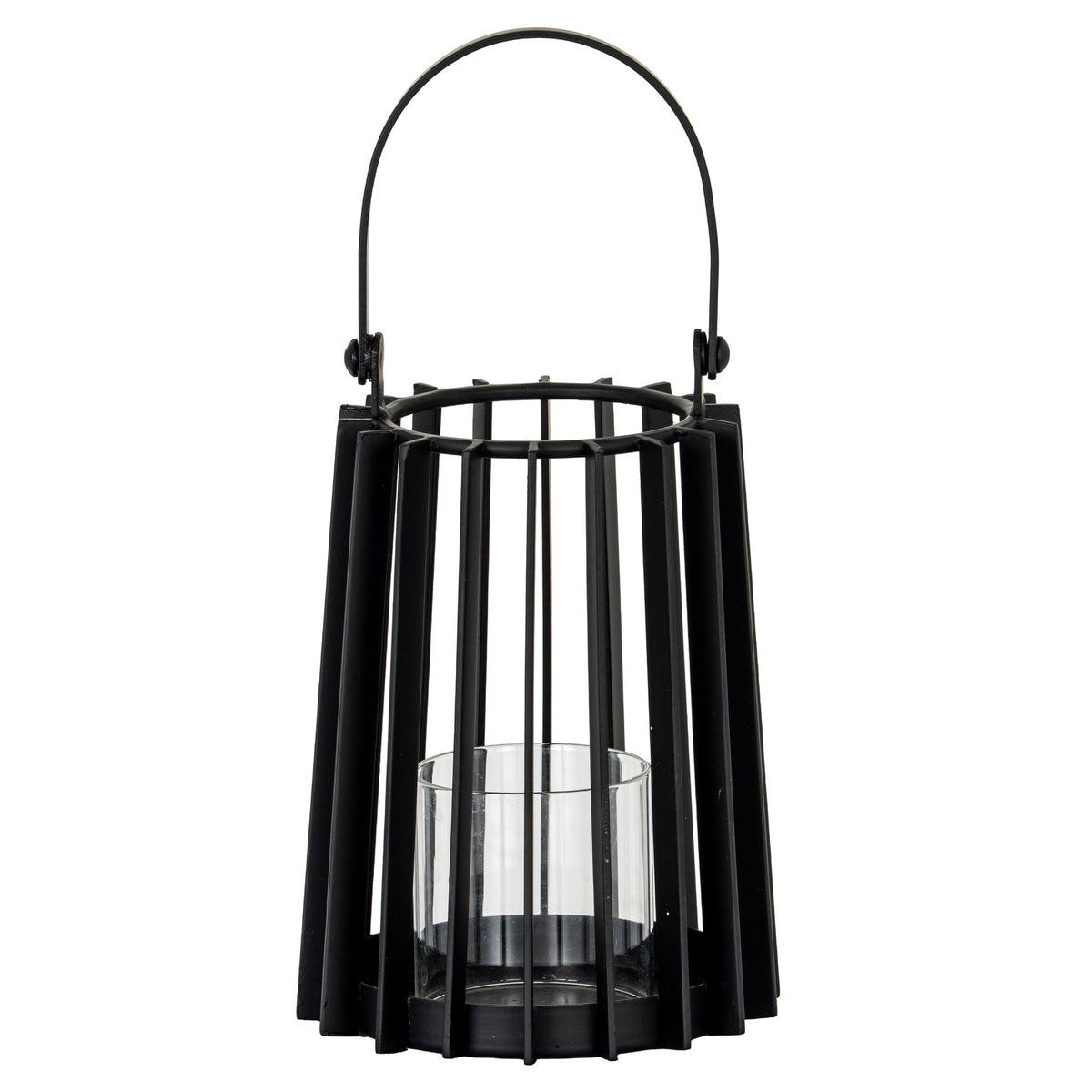 Black candle lantern with a tapered vertical-slat frame, raised rounded handle and clear cylindrical holder above a circular base.