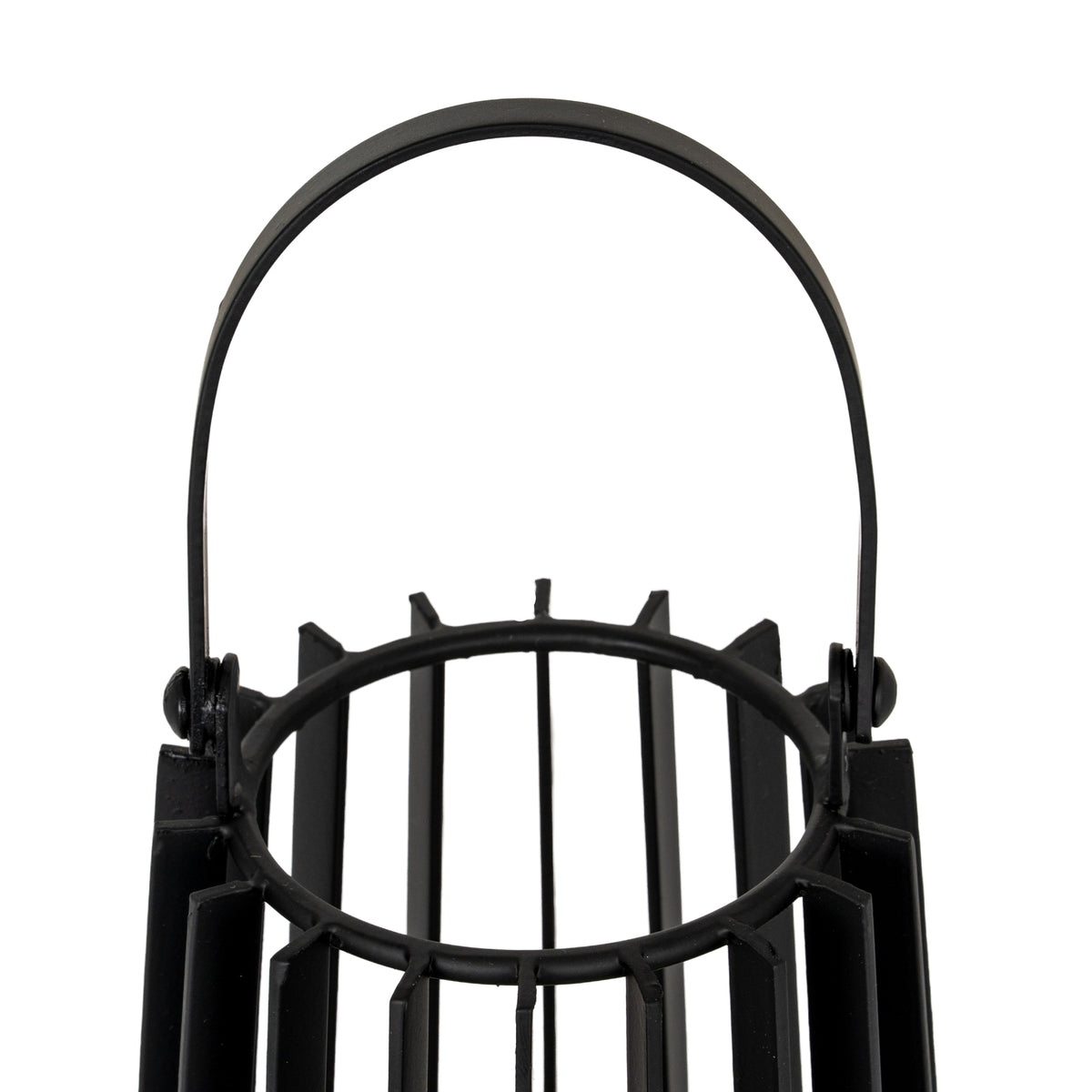 Close-up of the lantern's rounded black handle and side pivots above the circular opening and projecting vertical slats.