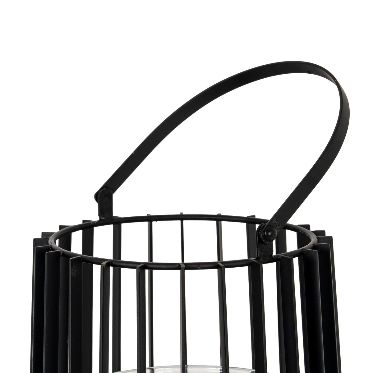 Angled close-up of the black lantern's tilted handle and round side attachment, above the circular rim and vertical frame.