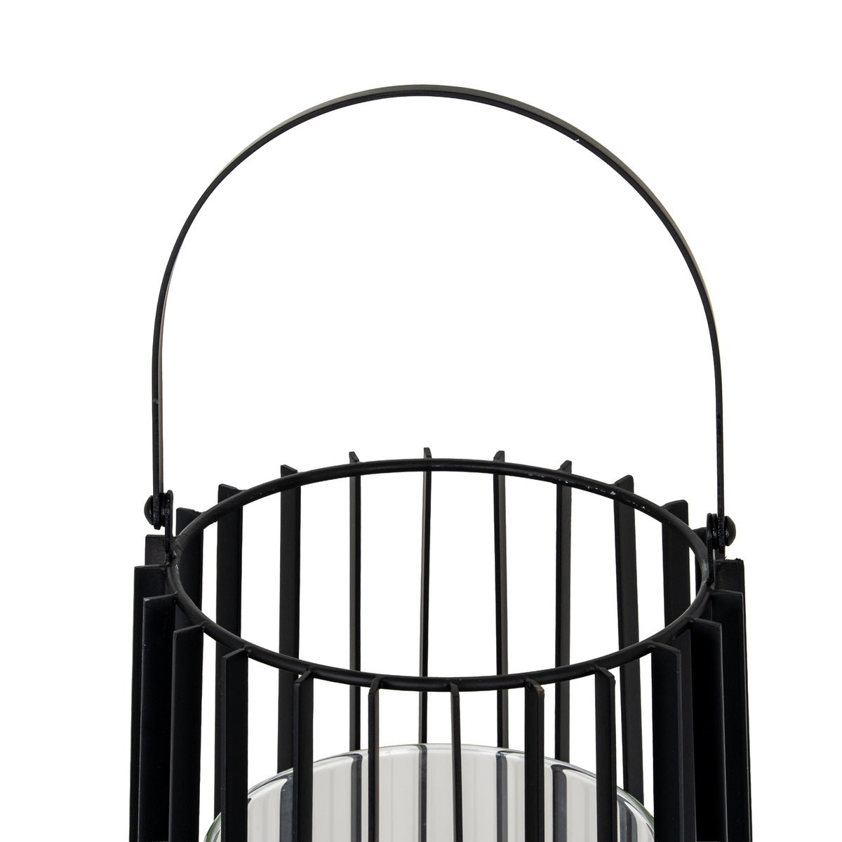 Close-up of the lantern's upright arched handle and circular open top, showing the broad fins between slender vertical rods.