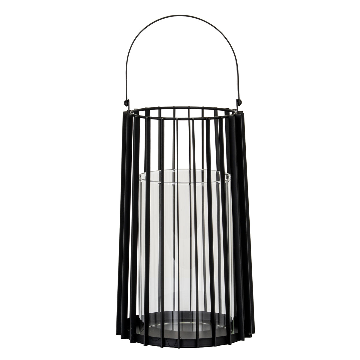 Full view of a tall black lantern with an upright arched handle, vertical rods, broad outer fins and a clear cylindrical inner holder.