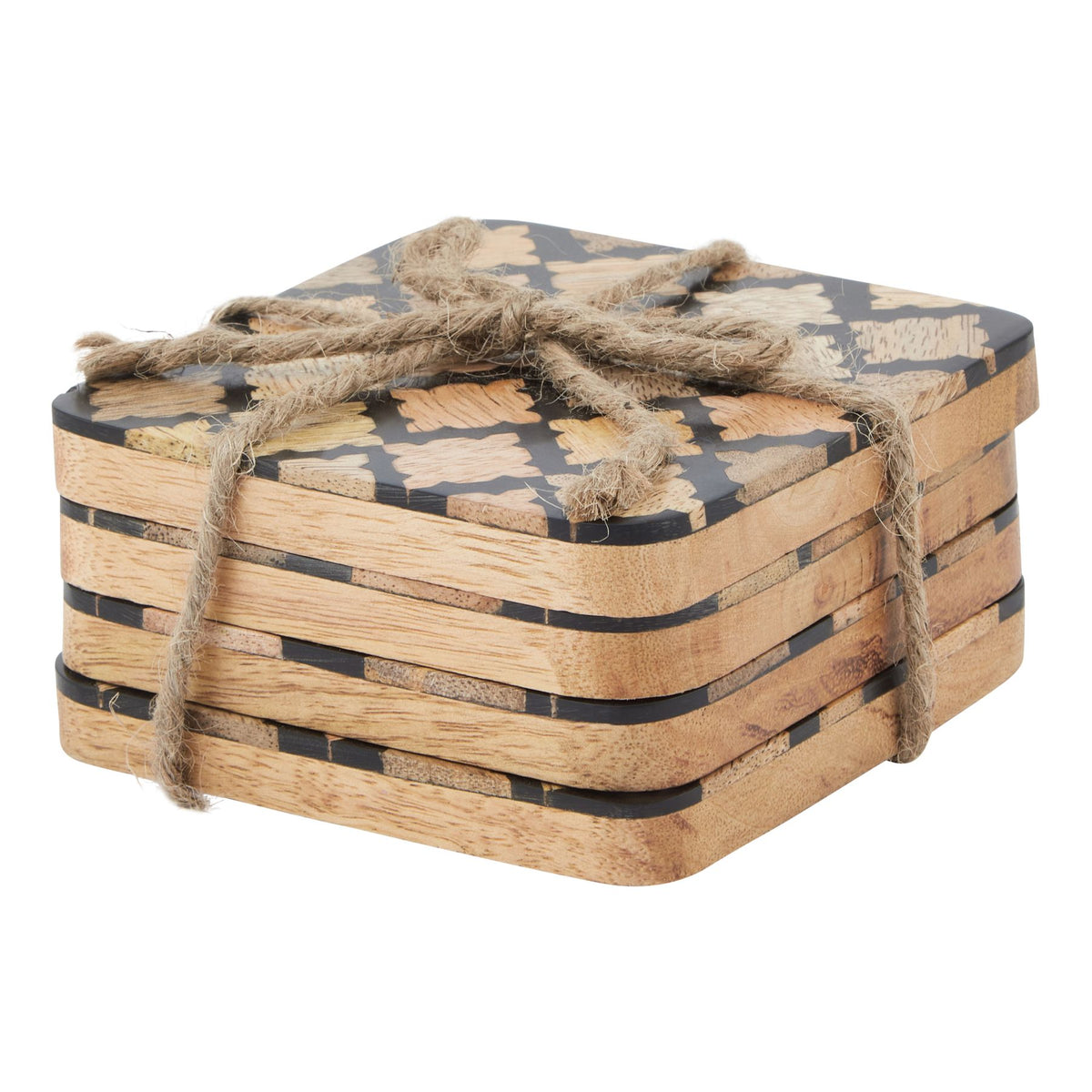 Angled view of rounded-square coasters stacked and tied with twine, showing tan patterned faces on black and tan edges.