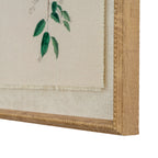 Angled close-up of the print's lower right corner, showing green leaves, a fringed-looking illustration edge, pale textured surround and beaded tan-gold frame.