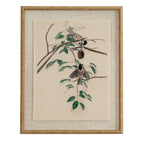 Portrait framed print of two black-capped birds on leafy branches, with a pale textured surround and tan-gold beaded frame.