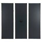 Rear view of three black-backed clock panels, showing hanging hardware near the top and the mechanism on the central panel.